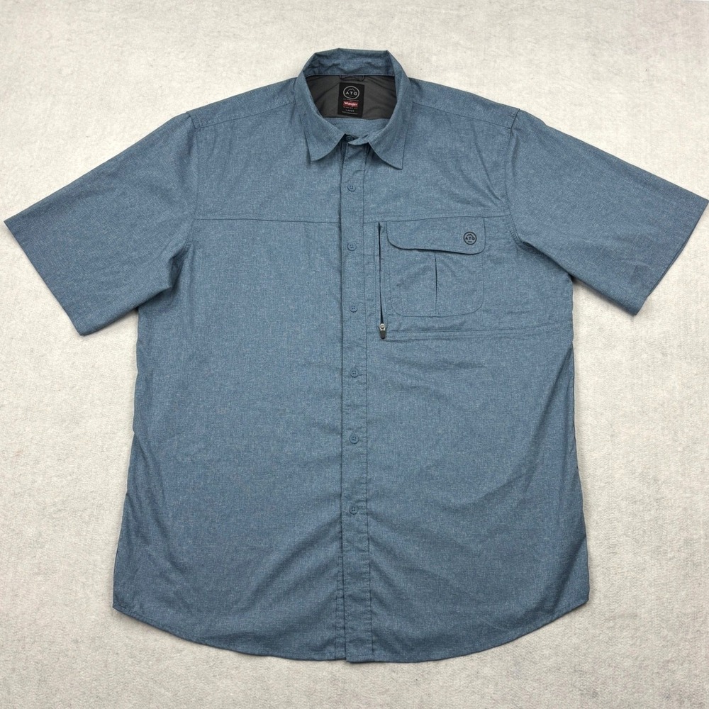 Wrangler ATG Trail Shirt Mens L Blue Stretch Short Sleeve Vented Hiking Utility